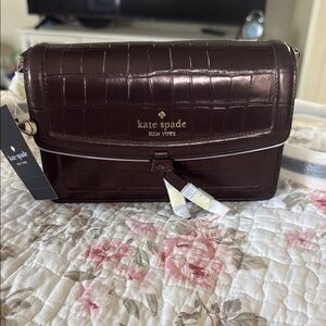 kate spade Croc-Embossed Crossbody Bag in Deep Brown
